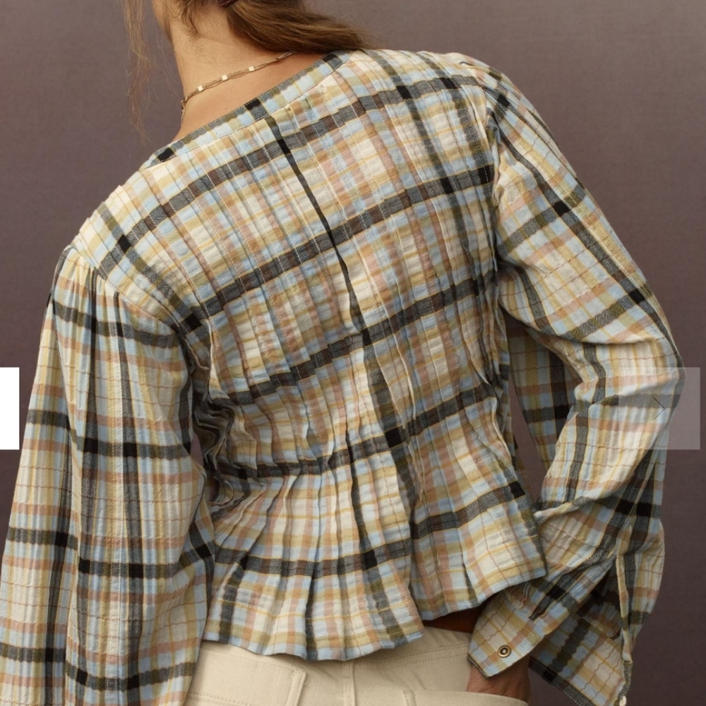 Pilcro Long Sleeve Pleated Plaid Relaxed Swing Blouse Size XL Cotton Elastane - Picture 4 of 15